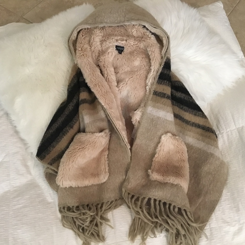 Topshop Sherpa Lined Poncho/Jacket  W/ Fringe